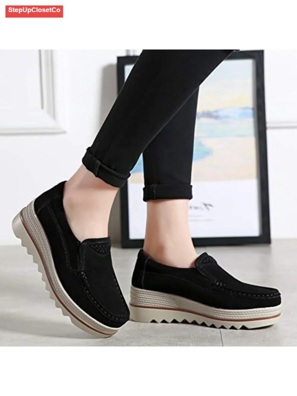 Suede Platform Wedge Slip On Loafers Comfortable Round Toe Work Shoes